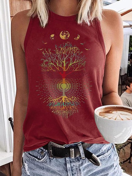 Women's Phases of the Moon Retro 60's 70's Vibe Tree of Life Tank Top, color:Red|size:3XL, Lilicloth.com
