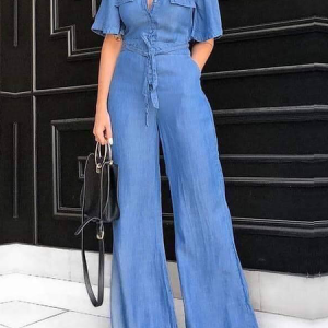 Lightweight Urban Others Short sleeve Regular Fit faux denim Jumpsuit, Jumpsuits, color:Denim Blue|size:XS, Stylewe