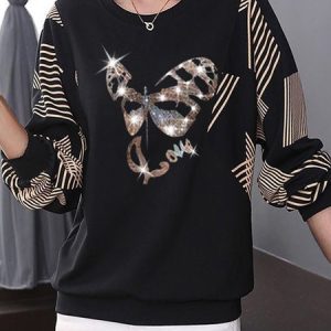 Casual Crew Neck Butterfly Sweatshirt, Hoodies & Sweatshirts, color:Black|size:5XL, Noracora