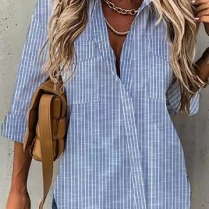 Striped Loose Shirt Collar Casual Blouse, Shirts & Blouses, color:Blue|size:XXL, JustFashionNow
