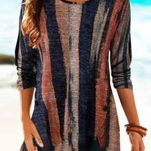 Brown Stripes Printed Casual Long Sleeve Shift Top, Shirts & Blouses, color:Brown|size:XXL, JustFashionNow
