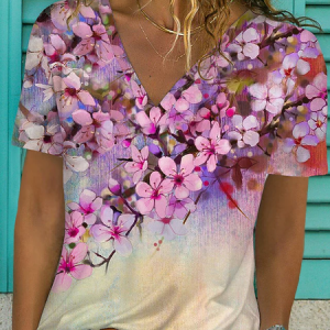 JFN V Neck Floral Casual T-Shirt/Tee, T-Shirts, color:Multicolor|size:XXL, JustFashionNow