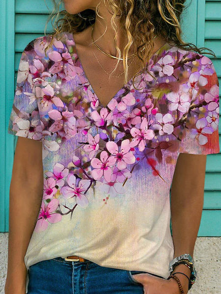 JFN V Neck Floral Casual T-Shirt/Tee, T-Shirts, color:Multicolor|size:XXL, JustFashionNow
