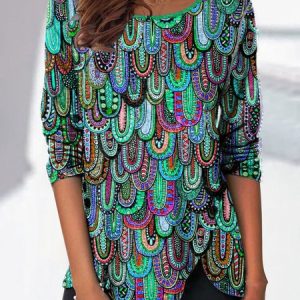 JFN Crew Neck Casual Geometric Allover Print Knit Long Sleeve Top, Shirts & Blouses, color:Green|size:XXL, JustFashionNow