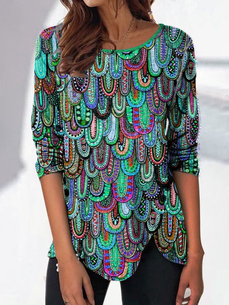 JFN Crew Neck Casual Geometric Allover Print Knit Long Sleeve Top, Shirts & Blouses, color:Green|size:XXL, JustFashionNow