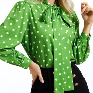 Green Loose Polka DotsLong sleeve Elegant Stand H-Line Collar Top, Tops, color:Green|size:XXL, Stylewe
