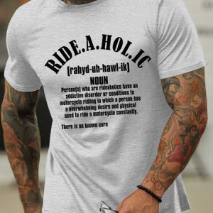 Lilicloth X Y Ride A Hol Ic Containing Or Relating To Motorcycle Addiction Men’s Crew Neck Casual T-Shirt, color:Light Gray|size:3XL, Lilicloth.com