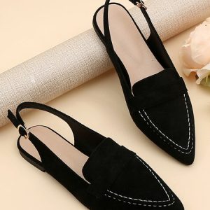 Black Faux Suede Pointed Loafers Back Empty Shoes, Loafers, color:Black|size:43, Stylewe