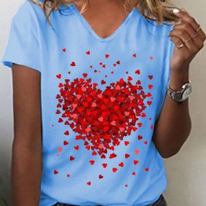 Love V Neck Casual Loosen Short Sleeve T-shirt, T-Shirts, color:Blue|size:XS, JustFashionNow