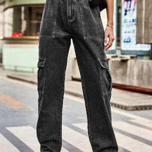 Women's Casual Fashion Multi-Pocket Washed Distressed Jeans Cargo Pants, Jeans, color:Black|size:XXL, JustFashionNow