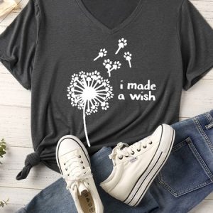 Lilicloth X Funnpaw Women's I Made A Wish Matching V Neck T-Shirt, color:Gray|size:XXL, Lilicloth.com