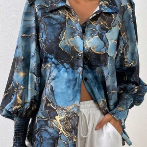 Shirt Collar Long Sleeve Floral Regular Loose Blouse For Women, Shirts, color:Blue|size:XL, Noracora