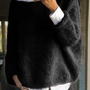 Women Knitted Plain Long Sleeve Comfy Casual Sweater, Sweaters, color:Black|size:XXL, Noracora