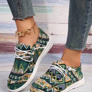 Ethnic Pattern Casual Lace-Up Flats, Flats, color:Green|size:43, JustFashionNow