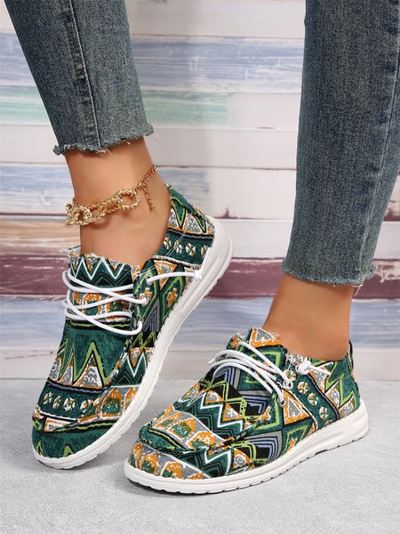 Ethnic Pattern Casual Lace-Up Flats, Flats, color:Green|size:43, JustFashionNow