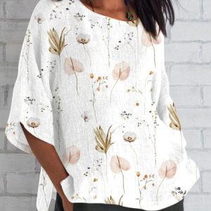 Crew Neck Three Quarter Sleeve Floral Regular Loose Shirt For Women, Blouses, color:flower|size:XXL, Noracora