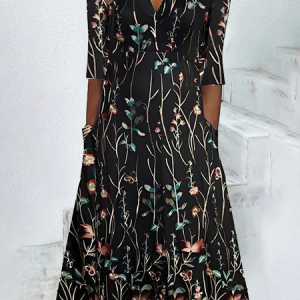 Women's Casual Dress Long Dress Maxi Dress Black Half Sleeve Floral Print Summer Spring V Neck Fashion, Floral Dresses, color:Black|size:XXL, JustFashionNow