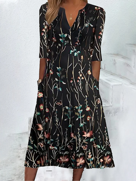 Women's Casual Dress Long Dress Maxi Dress Black Half Sleeve Floral Print Summer Spring V Neck Fashion, Floral Dresses, color:Black|size:XXL, JustFashionNow