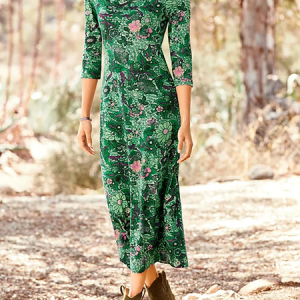 Vintage Floral Autumn Micro-Elasticity Regular Fit Jersey Three Quarter Sleeve Crew Neck Regular Size Dress for Women, Maxi, color:Green|size:XXL, Noracora