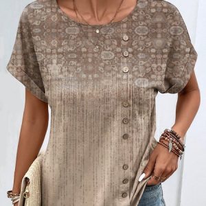 Buckle Detial Ethnic Style T-Shirt, T-shirts, color:Khaki|size:XXL, Noracora