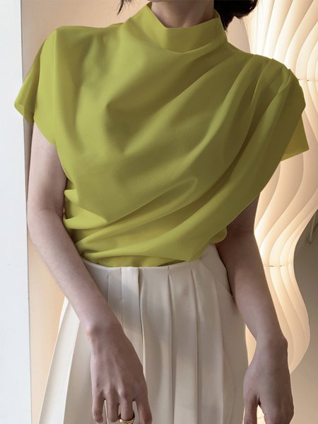 White Daily Plain Simple Short Sleeve Top, Blouses and Shirts, color:Yellow|size:XS, Stylewe