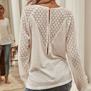 Plain Loose Crew Neck Contrast Lace Button Back T-Shirt, T-Shirts, color:White|size:XXL, JustFashionNow