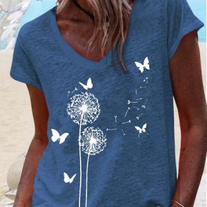 Women Plain Short Sleeve Tee T-shirt V Neck Casual Summer Top, JustFashionNow T-Shirts, color:Blue|size:3XL