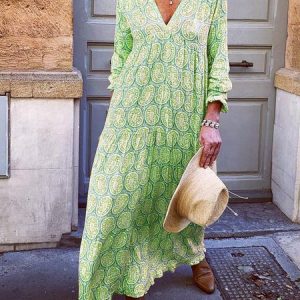 V Neck Pink Women Holiday Floral Dress, Maxi, color:Green|size:5XL, Noracora