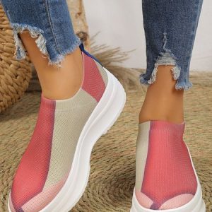 Contrasting Geometric Casual Flyknit Sneakers, Sneakers, color:Pink|size:42, JustFashionNow