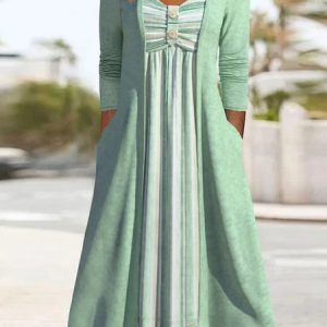 Casual Ruched Striped Square Neck Dress, Dresses, color:Green|size:XXL, JustFashionNow