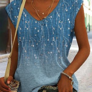 V Neck Floral Knitted Casual Tank Top, Tanks & Camis, color:Blue|size:XXL, JustFashionNow
