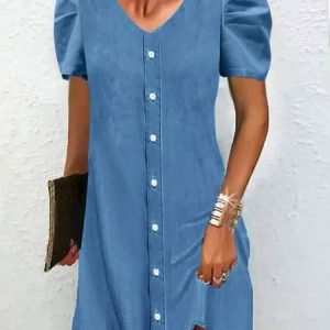 V-neck Casual Loose Denim Single-breasted Short-sleeved Short Dress, Dresses, color:Blue|size:XXL, JustFashionNow