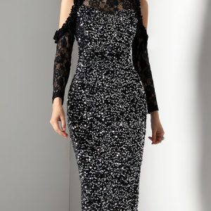 Floral Party Regular Fit Glitter Party Dress, Midi Dresses, color:Black|size:XXL, Stylewe
