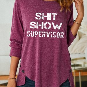 Women's Shit Show Supervisor Simple Long Sleeve Top, color:Burgundy|size:3XL, Lilicloth.com