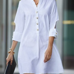 Stand Collar Casual Plain Mini Dress With No Belt, Midi Dresses, color:White|size:XXL, Stylewe