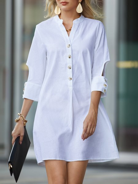 Stand Collar Casual Plain Mini Dress With No Belt, Midi Dresses, color:White|size:XXL, Stylewe