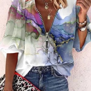 Ombre Casual V Neck Loose Shirt, Shirts & Blouses, color:Blue|size:XXL, JustFashionNow