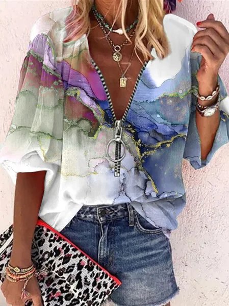 Ombre Casual V Neck Loose Shirt, Shirts & Blouses, color:Blue|size:XXL, JustFashionNow