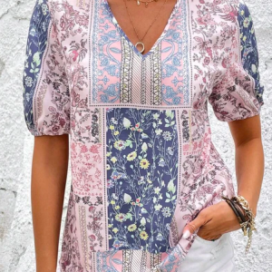 Ethnic Vacation Loose V Neck Patched Work Print Puff Sleeve Shirt, Shirts & Blouses, color:Purple|size:XXL, JustFashionNow