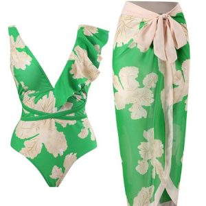 Casual Floral Printing One Piece With Cover Up, Coverups, color:Green|size:XL, Stylewe