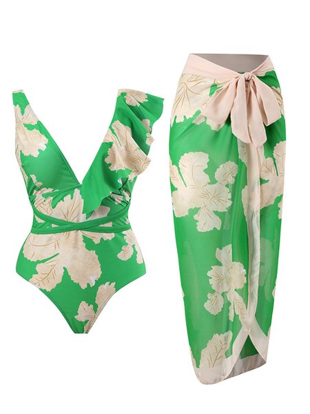 Casual Floral Printing One Piece With Cover Up, Coverups, color:Green|size:XL, Stylewe