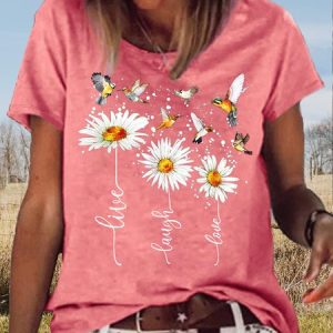 Women's Casual Daisy Live Laugh Love Bird Print Letters Crew Neck T-Shirt, color:Pink|size:3XL, Lilicloth.com