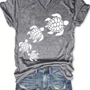 Nature Lover Sea Turtle Beach Casual V Neck Short Sleeve T-Shirt, color:Gray|size:3XL, Lilicloth.com