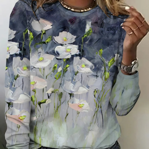 Floral Loose Crew Neck Casual T-Shirt, T-Shirts, color:Blue|size:XXL, JustFashionNow
