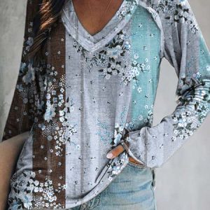 Women Casual Floral Daily Jersey Best Sell Long sleeve Regular H-Line Tunic T-Shirt, T-shirts, color:Blue|size:XXL, Noracora