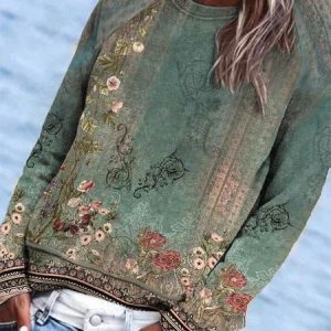 Casual Ethnic Jersey Crew Neck Sweatshirt, color:Green|size:XXL, Lilicloth.com