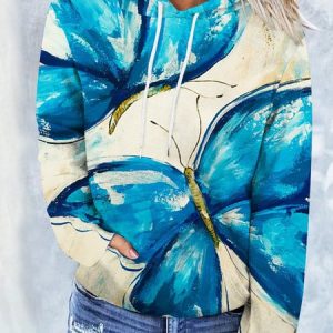 Casual Crew Neck Regular Fit Butterfly  Hoodie, Sweatshirts & Hoodies, color:Blue|size:XXL, JustFashionNow