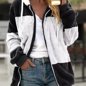 Fluff/Granular Fleece Fabric Casual Teddy Jacket, Jackets, color:Black-white|size:XXL, JustFashionNow