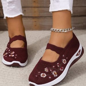 Floral Embroidery Breathable Slip On Mary Jane Flyknit Sneakers, Sneakers, color:Wine Red|size:41, JustFashionNow
