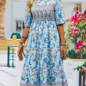 Loose Vacation Crew Neck Floral Women's Half Sleeve Scoop Neck Graphic Floral Printed Midi Dress, Dresses, color:Yellow|size:XXL, JustFashionNow
